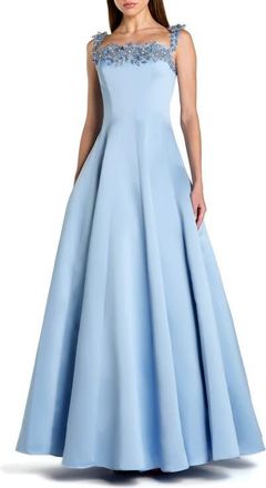 Mac Duggal Satin Beaded Off The Shoulder Ballgown in Slate Blue at Nordstrom, Size 10