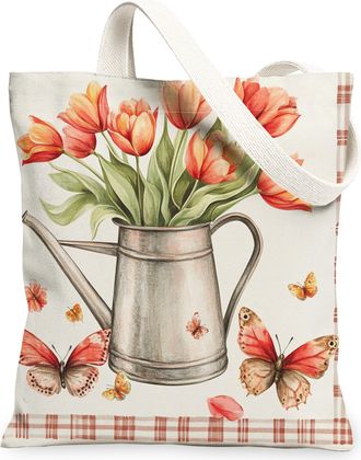 Generic Spring Tulip Flower Canvas Tote Bag for Shopping 13x15, Farmhouse Country Floral Reusable Grocery Print Pattern Bag for Women, Fun Farm Beach Aestheti