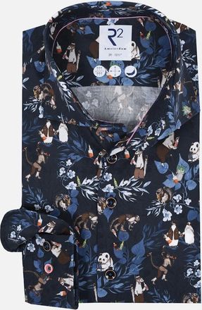R2 Mens R2 Animal Print Long Sleeved Shirt Navy - Size: 46/48