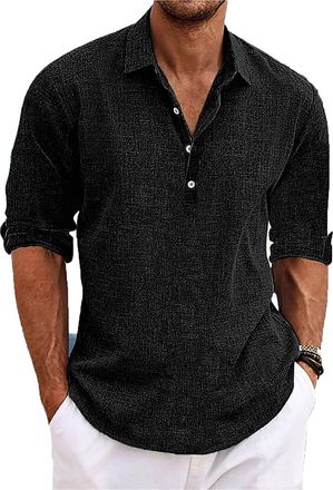 Generic Classic Shirt Men,Shirts Mens Linen Long Sleeve Button-Up Lapel Shirts Casual Summer Shirt (Black,M)