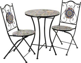 Wanderlust Deco Conjunto Mesa Y 2 Sillas De Mosaico Y Forja Negro, Mesa:d60x75h-silla(2):d38x46-90h