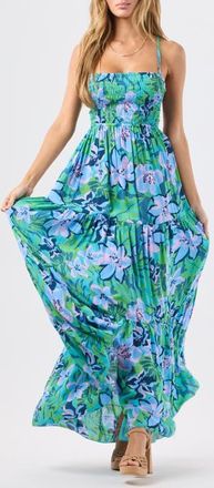 Tiare Hawaii Kailani Floral Smocked Tiered Maxi Dress in Honduras Sky at Nordstrom, Size X-Small/small