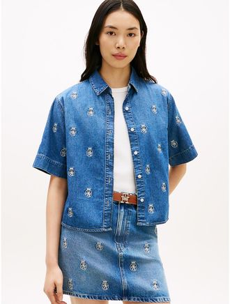Tommy Hilfiger Womens Relaxed Fit Allover Crest Denim Shirt - Blue - XS