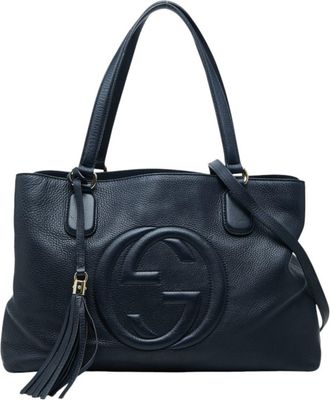 Gucci Navy Leather Shoulder Bag Tote Bag (Pre-Owned)