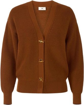 Elisabetta Franchi Truien & Vesten, Dames, Bruin, L, Gebreide Cardigan met Juwelen Knopen