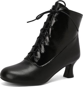 Generic Womens Vintage Round Toe Lace Up Ankle Boots Mid Kitten Heels PU Leather Side Zip Comfortable Non Slip For Retro Party Cosplay Daily Wear,Black,6.5 UK