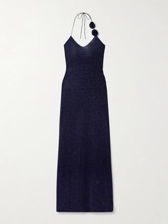 Oséree Abito Maxi In Maglia Stretch Metallizzata Con Scollo Allamericana E Applicazioni Lumière - Blu
