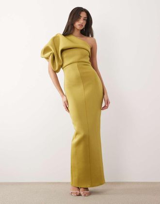 Asos Vestito lungo monospalla effetto stropicciato in tessuto scuba verde oliva