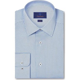 David Donahue Trim Fit Blue Geometric Print Cotton Dress Shirt in White/Blue at Nordstrom, Size 17 - 34