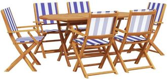 vidaXL Set De Comedor De Jard&iacute;n 7 Pzas Tela Madera Maciza Azul Blanco Vidaxl