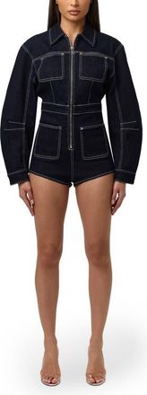 Naked Wardrobe Front Zip Denim Romper in Dark Indigo at Nordstrom, Size X-Small