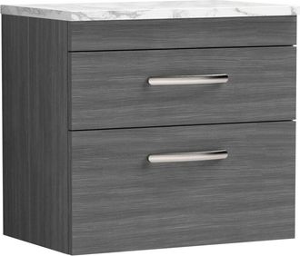 Nuie Athena Wall Hung 2-Drawer Vanity Unit with Carrera Marble Worktop 600mm Wide - Anthracite Woodgrain - Nuie