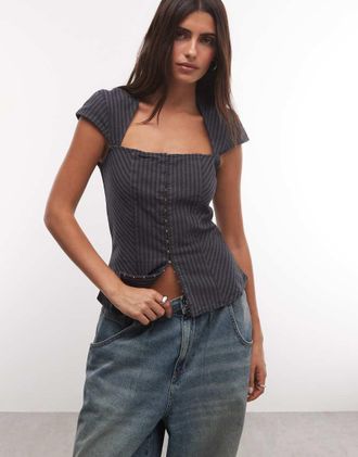 Weekday top con dettaglio a gancetti e occhielli a righe nere-Nero