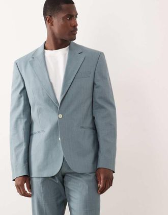 Asos Giacca da abito slim in 100% cotone effetto lino blu