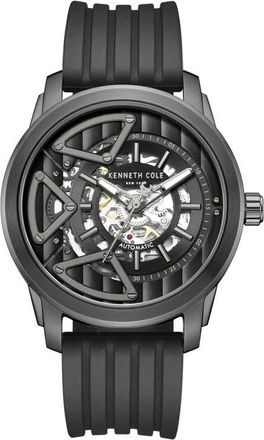 Kenneth Cole Skeleton Black Automatic Silicone Strap Watch, 44mm at Nordstrom
