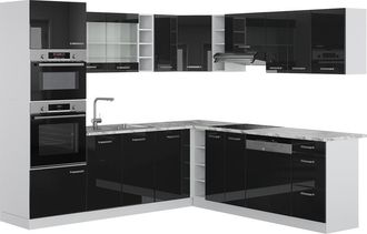 Vicco Cocina Esquinera R-line, Negro Brillo Intenso, 237 X 60 Cm, Et M&aacute;rmol