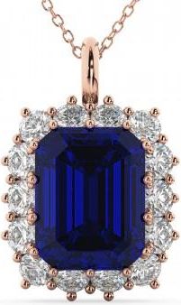 Allurez Emerald Cut Lab Grown Blue Sapphire & Diamond Pendant 14k Rose Gold (5.68ct)