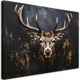 Feeby Cuadro Sobre Lienzo, Cabeza De Ciervo Sobre Fondo Negro, 120x80