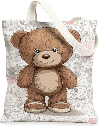Generic Cute Bear Canvas Tote Bags, Animal Pattern Reusable Grocery Bags, Fun Lightweight Washable Shoulder Strap Canvas for Travel, Brown, 13x15 Inch