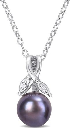 Amour 7.5-8mm Black Freshwater Cultured Pearl and Diamond Accent Floral Pendant with Chain In Sterling Silver