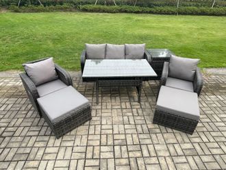 Fimous 7 Seater Rattan Outdoor Garden Furniture Set Rectangular Dining Table & Chair Sofa Set With Side Table in Dark Grey