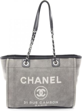 Chanel Black Gray White Canvas Handbag Tote Bag (Pre-Owned)