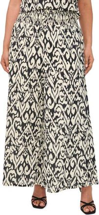 Vince Camuto Smocked Waist Crop Wide Leg Cotton Pants in Rich Black at Nordstrom, Size 1X