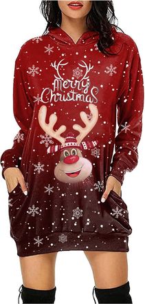Generic Women Christmas Dress Merry Christmas Letters Snowflakes Wine Glass Xmas Prints Long Sleeve Hooded Loose Sweatshirt Dresses Outfits for Women (a-Brick