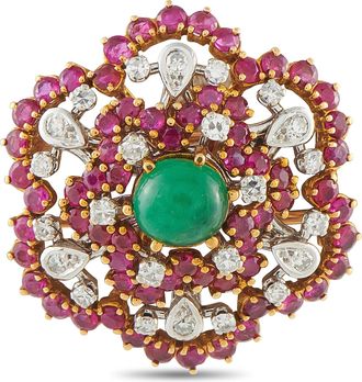 Luxury Bazaar Antique French 18K Yellow Gold 0.50ct Diamond, Ruby, and Emerald Cluster Brooch MF03-080526