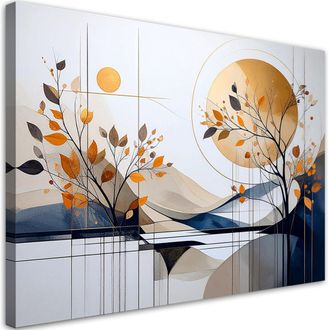 Feeby Cuadro En Lienzo, Monta&ntilde;as Abstractas Sol Hojas Y Plantas, 100x70