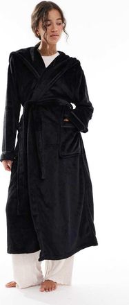 Loungeable Luxury - Vestaglia lunga nera in pile con finiture con nastro e cappuccio-Nero