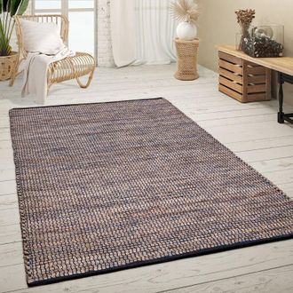 Paco Home Paco Home - Alfombra Sal&oacute;n Pelo Corto Hecha A Mano Motivo Boho Jaspeado Fibra Natural Yute 80x250 Cm, Azul