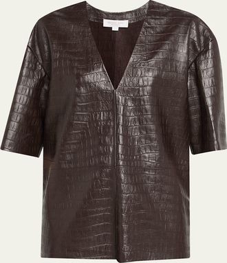 Michael Kors Crocco Leather V-Neck Top