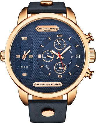 St&uuml;hrling Mens Global GMT 4052 Japanese Quartz 52mm - Rose Gold Stainless Steel - One Size