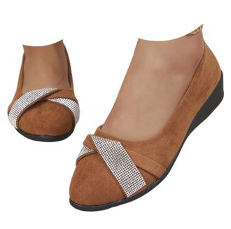 Generic Womens Lightweight Fashion Rhinestone Wedge Shoes, Comfortable Arch Support Wedge Slip-On Shoes Round Toe Low Heel Pump (Brown,7.5)
