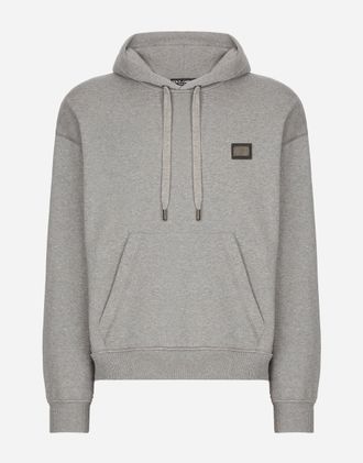 Dolce & Gabbana Jersey Hoodie With Branded Tag - Man Sweatshirts Gray Cotton 56