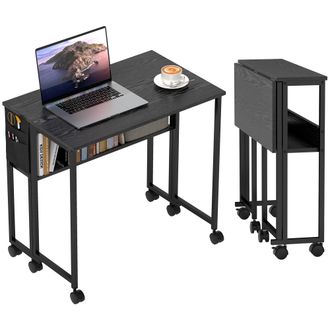 HOMCOM Homcom Escritorio Plegable Con Ruedas Y Estante, Mesa Escritorio Con Bolsillo De Almacenaje, Para Casa, Oficina, Espacios Peque&ntilde;os, 80x50x75 Cm, Negro