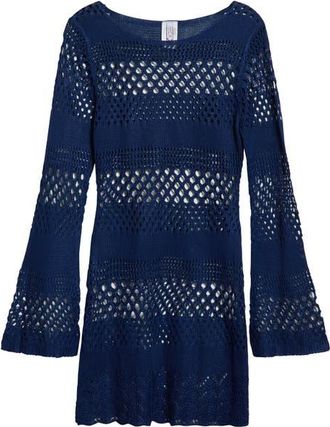 BECCA by Rebecca Virtue Treasure Island Long Sleeve Sheer Cover-Up Tunic in Navy at Nordstrom, Size Medium