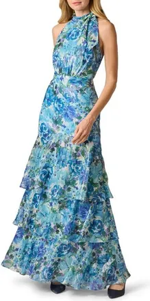 Adrianna Papell Metallic Floral Tiered Chiffon Gown in Blue Multi at Nordstrom, Size 10