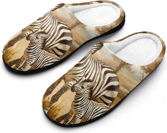 Generic African Zebras Mens Slippers Slip On Comfortable Fleece Cotton House Shoes Winter