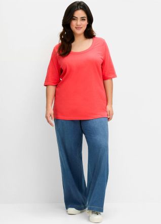 Sheego T-Shirt SHEEGO T-Shirt, Damen, Gr. 40/42, rot (hummer), 97% Baumwolle, 3% Elasthan, unifarben, Rundhals, Shirts T-Shirt