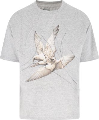Maison Margiela Crew Neck T-Shirt With Unique Creased Bird Print