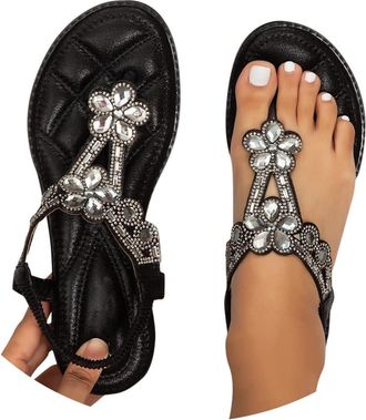 Generic Ladies Faux Leather Open Toe T-Bar Diamante Gem Stone Flat Summer Sandals Causal Lightweight Slip on Slides Platform Slippers Beach Holiday Essential 