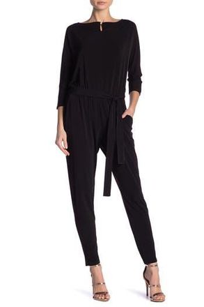 Nina Leonard Three-Quarter Length Sleeve Waist Tie Jumpsuit in Black at Nordstrom Rack, Size X-Large