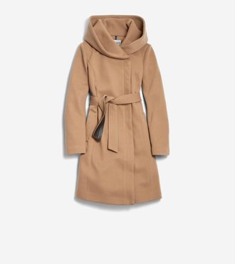 Cole Haan Womens Belted Asymmetrical Zip Front Twill Coat - Beige Size 14