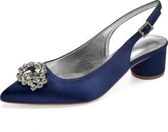 Generic Slingback Wedding Heels Womens Bridal Pointed Toe Chunky Heels Prom Evening Formal Party Pumps Shoes 4.5Cm,Dark Blue,8 UK
