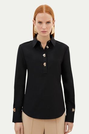 Karen Millen Techno Cotton Gold Clasp Shirt in Black at Nordstrom, Size 6