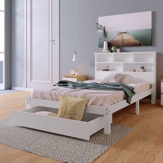 Merax White Wooden Storage Bed Frame with Bookcase Headboard & Drawer | Size: Single