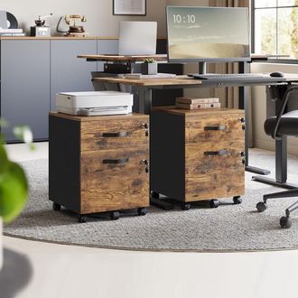 Songmics Lockable Filing Cabinet 2 Drawers 5 Wheels Adjustable Hanging Rails in Brown