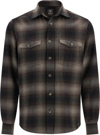 Boggi Milano Jassen, Heren, Bruin, L, Wol, Geruit Overshirt in wol en Tencel Flanel